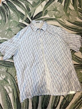 Dior Men Oblique Jacquard Silk Shirt Size Large Blue